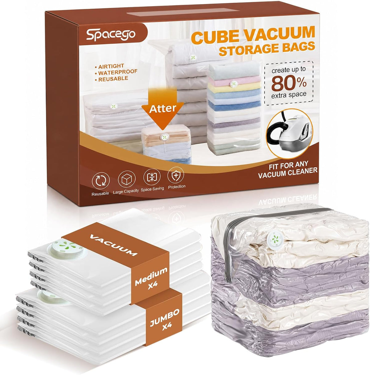 8 Pack Cube Vacuum Storage Bags, Combo(4 Jumbo + 4 Medium), Clear