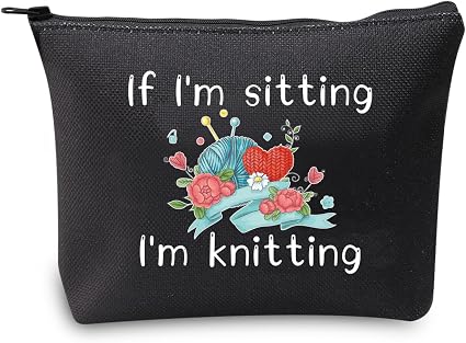 JXGZSO Funny Knitting Gift If I'm Sitting I'm Knitting Cosmetic Bag With Zipper Knitting Project Bag Crochet Lover Gift 