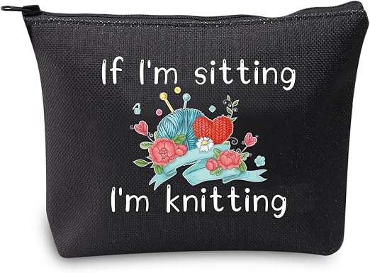 JXGZSO Funny Knitting Gift If I'm Sitting I'm Knitting Cosmetic Bag With Zipper Knitting Project Bag Crochet Lover Gift 