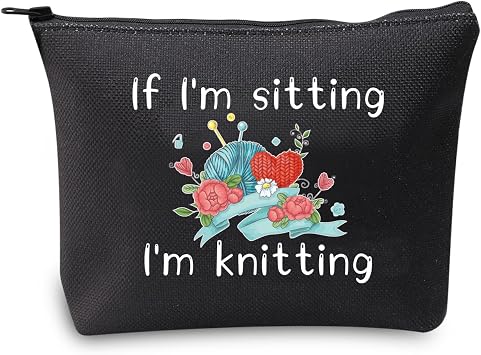 JXGZSO Funny Knitting Gift If I'm Sitting I'm Knitting Cosmetic Bag With Zipper Knitting Project Bag Crochet Lover Gift 