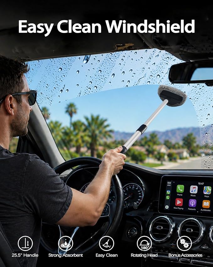 Super Absorbent & Streak-Free – 25.5" Extra Long Windshield Cleaning Kit with 5 Upgraded High-Density Coral Velvet Pads & 2 Spray Bottles for Car & Home, Gray