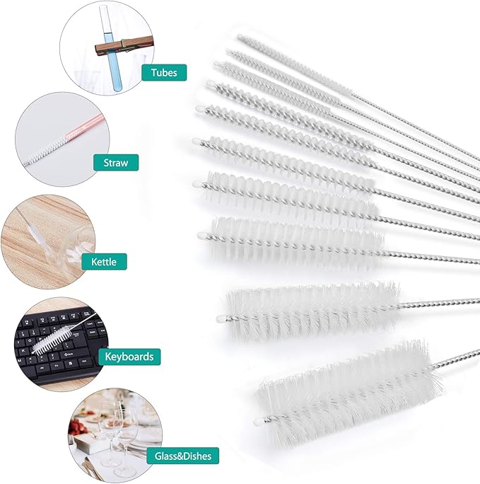 CiaraQ Bottle Cleaning Brushes, 8 Inch Nylon Tube Brush Set, Cleaner for Narrow Neck Bottles Cups with Hook, Set of 10pcs.