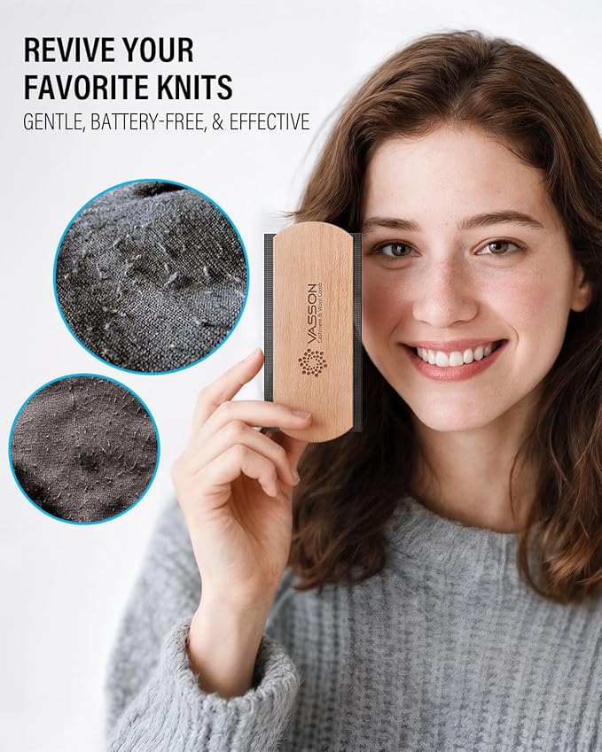 VASSON Cashmere Comb for Sweaters & Wool - Thicker Solid Beechwood Handle Fabric Shaver - 20% Larger Manual Depiller & Fuzz Remover for Knits, Scarves, and Coats (Dual-Sided Design)
