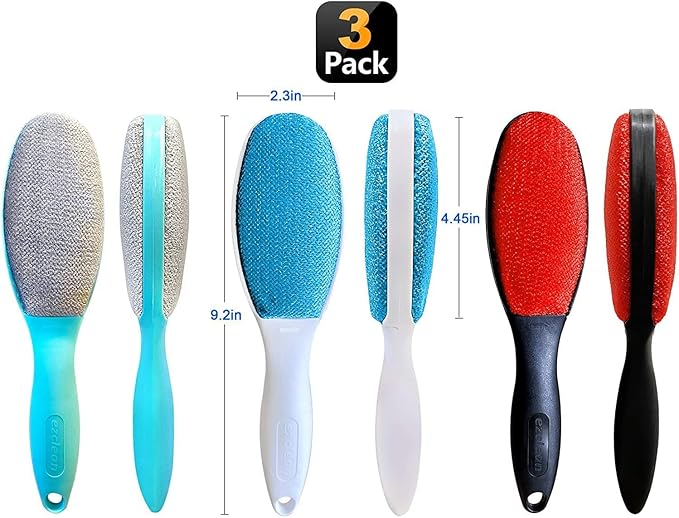 ezclean 3 Pack, 3 Colors, Lint Brush for Clothes, Furniture, Double Sided Pet Hair Remover Brush, Reusable Cleaner for Dog Cat Hair, Couch, Magic Velvet Lint Brush, Red and White and Blue