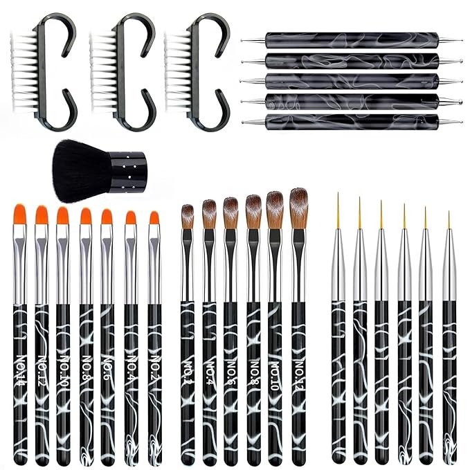28Pcs Black Handle Nail Art Brush Set - All-in-One Manicure Tool Kit with Cuticle Brush, Dust Brush, Liner Brush & Builder Gel Brushes for Salon & DIY Nail Art