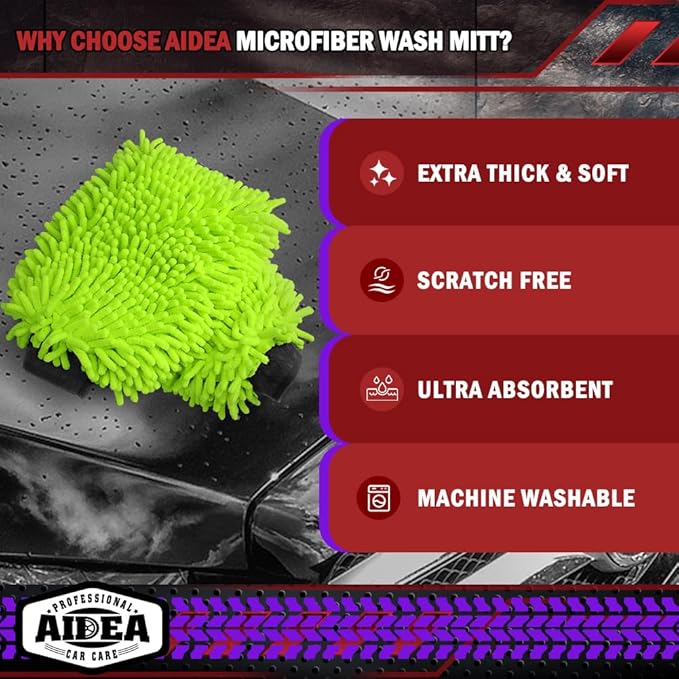 AIDEA Car Wash Mitt Microfiber, 4PK Scratch Free Lint-Free, Premium Chenille Microfiber Mitt Car Wash Brush, Green, Extra Large Size 8''X12''