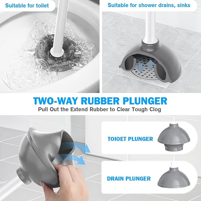 Toilet Plunger and Brush Set, Bowl Brush and Heavy Duty Toilet Plunger with Ventilated Holder, 2-in-1 Toilet Brush and Plunger Combo for 5.3-inch Toilet Drain Bathroom Deeply Cleaning(White & Grey)