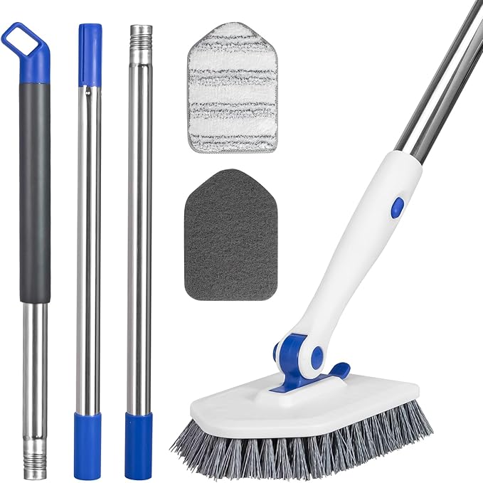 Tile Tub Scrubber Brush with 52-inch Adjustable Long Handle 3-in-1 Rotatable Shower Brush for Cleaning，3 Different Replacement Brush Heads for Cleaning Tub Tile Bathroom Kitchen Walls ，Blue