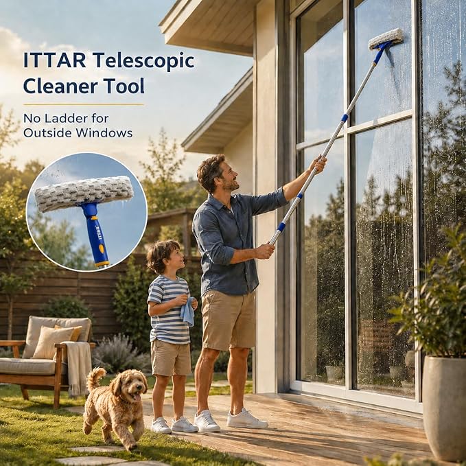 ITTAR Window Squeegee Cleaning Kit with 60 Inch Extension Pole, Glass Cleaner Tool 12" Rubber Blade & 2 Microfiber Pads, Window Washing Equipment for High Windows, Shower Doors, Car Windshield