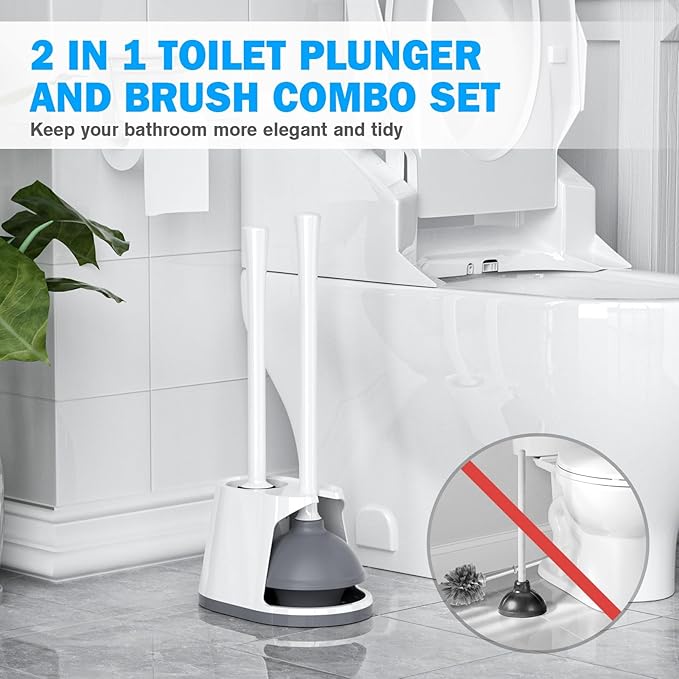 Toilet Plunger and Brush Set, Bowl Brush and Heavy Duty Toilet Plunger with Ventilated Holder, 2-in-1 Toilet Brush and Plunger Combo for 5.3-inch Toilet Drain Bathroom Deeply Cleaning(White & Grey)