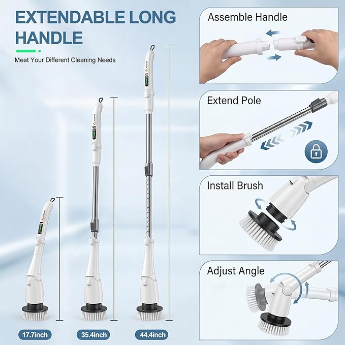 Electric Spin Scrubber, Power Cleaning Brush with 3 Speed Modes LED Light, 7 Replaceable Heads Cordless Shower Scrubber, Long Handle Extendable Scrubber for Bathroom, Floor, Tub, Tile, Grout