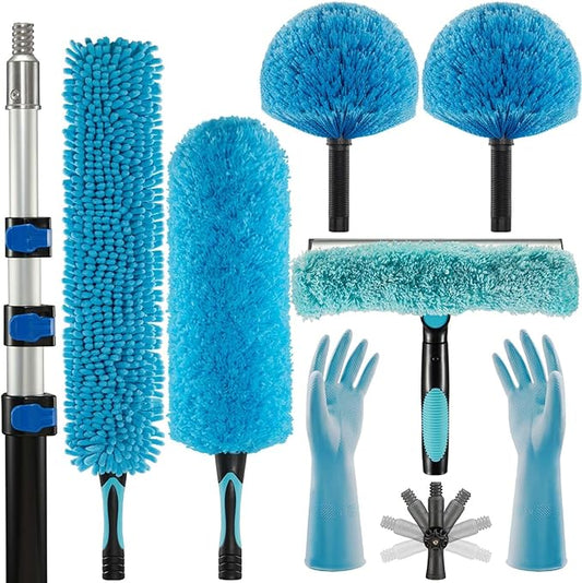 25 Foot Fan Cleaner High Ceiling 2 Cobweb Dusters with Heavy Duty Extension Pole, Window Squeegee Kit, Household Cleaning Gloves(18ft)