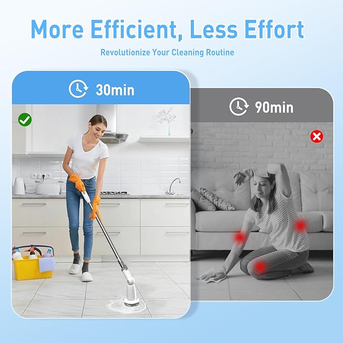Marchpower Electric Spin Scrubber, Power Shower Scrubber Cordless Cleaning Brush 6 Replaceable Brush Heads, 2 Speeds, Adjustable Detachable Handle, IPX7 Waterproof Bathroom Scrubber Tub Tile Floor