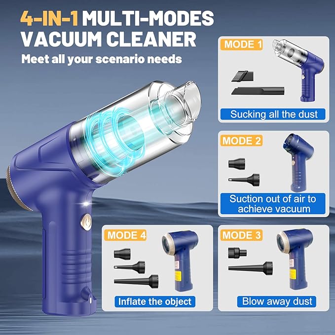 Handheld Cordless Car Vacuum Cleaner 16000Pa 4-in-1 Portable Vacuum & Air Duster with LED Light 120W High Power - Multi Nozzles for Pet Hair, Home, Office, Car - Rechargeable and Dual Filters