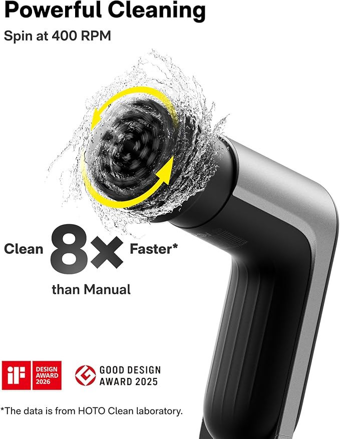 HOTO Grip™ Cordless Electric Spin Scrubber, IPX7 Waterproof, Lightweight at 0.65 lb with 6 Brush Heads, Powerful Cleaning Scrubber, for Bathroom, Kitchen, Tile, Shower