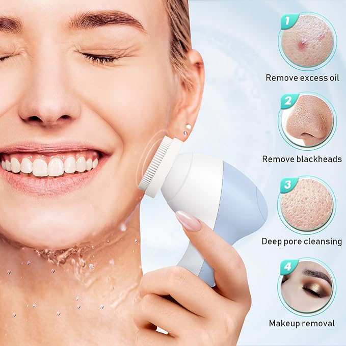 COSLUS FBX04 Powered Facial Cleansing Brush: Rechargeable Electric Face Cleanser for Sensitive & Acne-Prone Skin, 3 Brush Heads, 3 Speeds, 2-Direction Rotation, for Men Women IPX7, Deep Cleaning Blue
