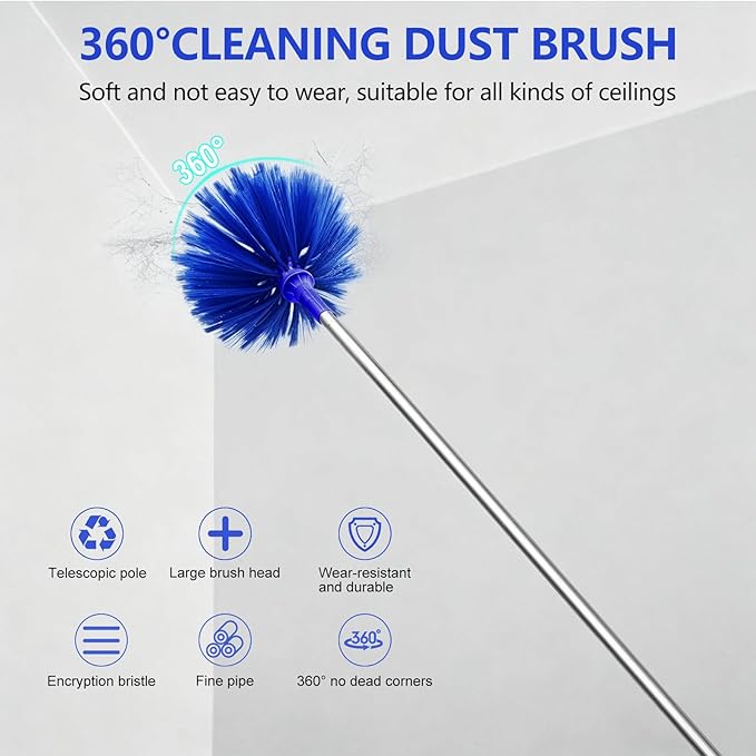 SetSail Dusters for Cleaning, 100-inch Extra-Long Cobweb Duster with Extension Pole, Bendable Microfiber Head & Cobweb Brush Washable Ceiling Fan Cleaner Duster Kit, Blue