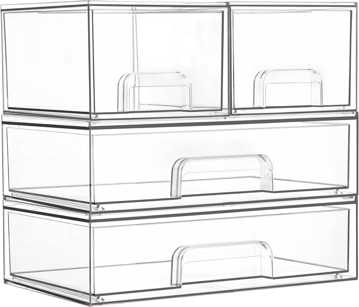 Clear Stackable Storage Drawers Set of 4, Plastic Organizer Bins