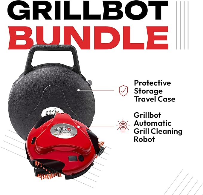 Grillbot Automatic Grill Cleaning Robot with Nylon Brushes, Electric BBQ Cleaner Brush with Motorized Power, Cordless Rechargeable Grill Scrubber for Outdoor Grills (Red and Case)