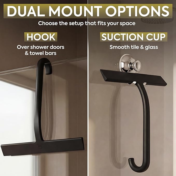 GÜTEWERK Shower Squeegee for Glass Doors – Bathroom Squeegee for Shower Glass & Tile Walls, Streak-Free & No-Squeak Silicone Blade, Stainless Steel Core, Hang Hook + Suction Cup, Black, 10 Inch