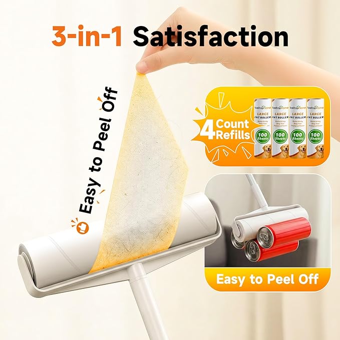 Large Floor Lint Roller with Extendable Long Handle, 9.45" Extra Wide Sticky Roller, 400 Sheets with 3 Refills, Heavy Duty Pet Hair Remover for Floor, Carpet, Couch & Hard-to-Reach Areas
