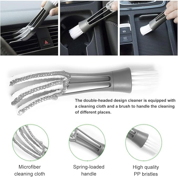 KVAEY 2 PCS Mini Duster for Car Air Vent, Double Ended Automotive Air Vent Microfiber Duster & Brush, Dust Collector Cleaner for Keyboard Window Leaves Shutter, Car Accessories (Gray)