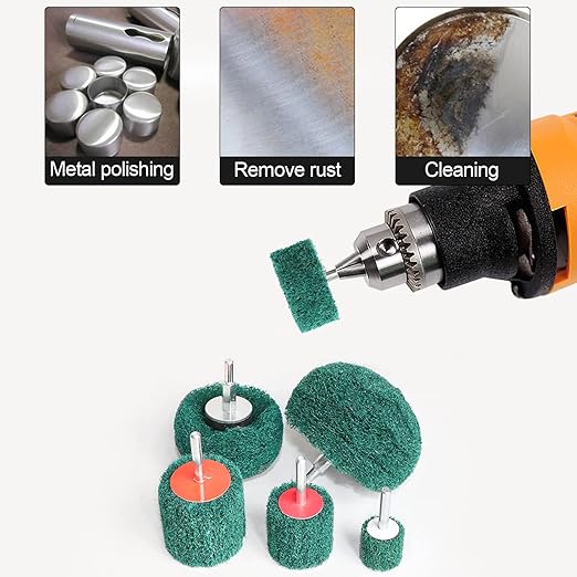 6PCS Non Woven Abrasive Buffing Polishing Wheel Drill Attachment Set,Scouring Pads Power Scrubber Cleaning Kit (Green)