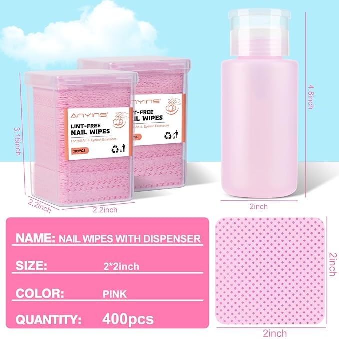 400PCS Lint Free Nail Wipes with Acetone Pump Dispenser, Pink Nail Polish Remover Pads with Dispenser, Eyelash Glue Cleaning Wipe with 180ML Alcohol&Acetone and Polish Remover Pump Bottle Kit