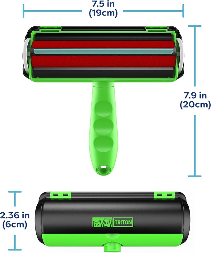 Triton Pet Hair Removal Tool w/Fur Trapping Compartment, 60% Smaller Storage Size, Reusable Shedding Roller, Cat and Dog Hair Remover for Car, Furniture, Carpet, Couch (Green)