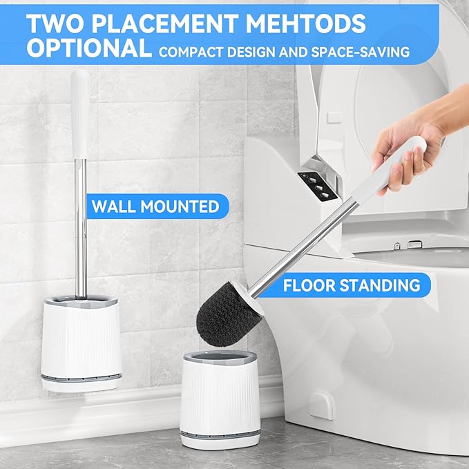 TRENTI Toilet Brush, Toilet Brush and Holder Set, Bristles Toilet Bowl Brush Head with Ventilated Holder, Wall Mounted Compact Toilet Brush Set for Bathroom Deep Cleaning (3, White)