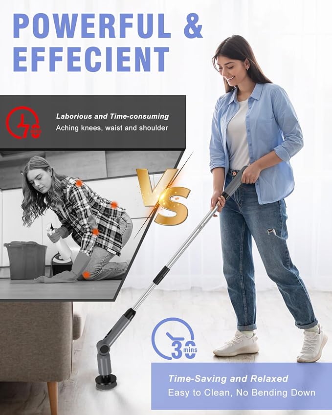Electric Spin Scrubber, [IPX8 Waterproof ] [50KG Torque] Shower Scrubber with 9 Brush Heads, 2 Speed Mode, 4 Adjustable Angles, Electric Brush for Cleaning for Bathroom Floor Tile (Gray)