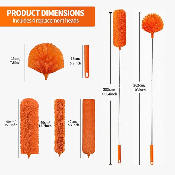 Cobweb Duster with Extension Pole,Cleaner Outdoor 110" Telescoping Extended Sspider Brush, Dusting Kit,Long Handle Reach for High Ceilings and Fans,Microfiber Webster Remover Tools Feather Dusters