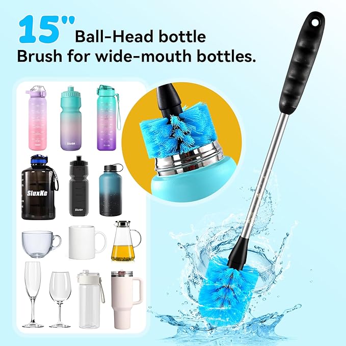 Bottle Brush Set with Straw Cleaner Brush and 3 in 1 Cup Lid Cleaning Brush, Water Bottle Cleaner with Long Handle for Cleaning Narrow Neck Beer, Cup, Wine Glasses, Tumblers, Baby Bottles