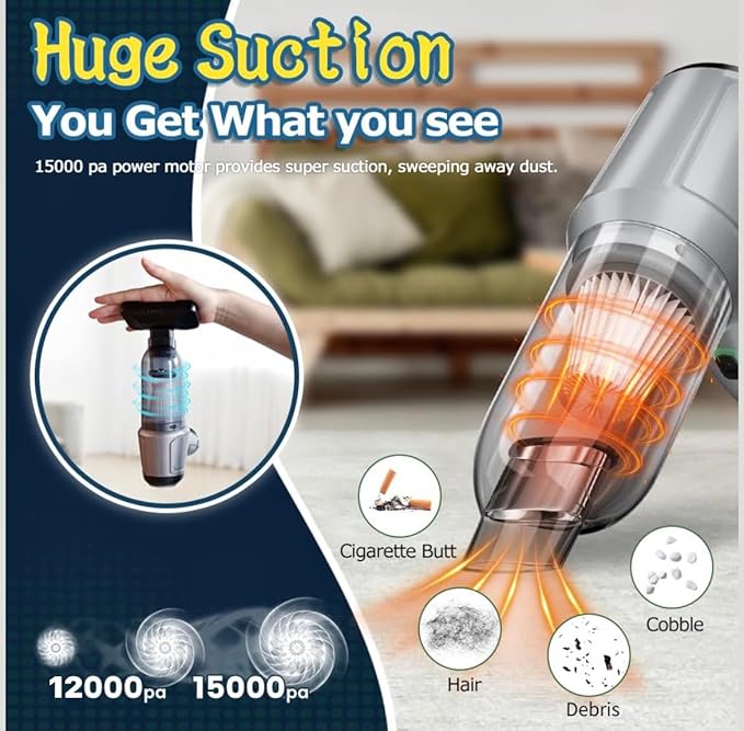 VIVIDUS Handheld Vacuum Cordless, 15000PA Car Vacuum Cleaner High Power, Small Vacuum Cleaner & Blower Portable, 4-in-1 Versatile Rechargeable Handheld Vacuum for Car, Home, Pet Hair Cleaning, White