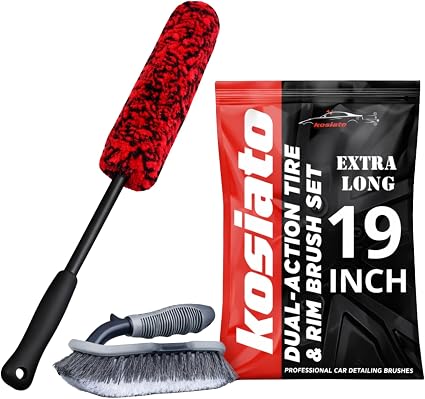 Car Wheel Brush & Wheel Barrel Brush Kit – 19" Soft Non-Scratch Microfiber Rim + Stiff-Bristle Scrubber for Tires, Rubbe