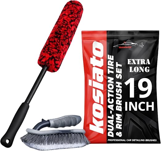 Car Wheel Brush & Wheel Barrel Brush Kit – 19" Soft Non-Scratch Microfiber Rim + Stiff-Bristle Scrubber for Tires, Rubbe