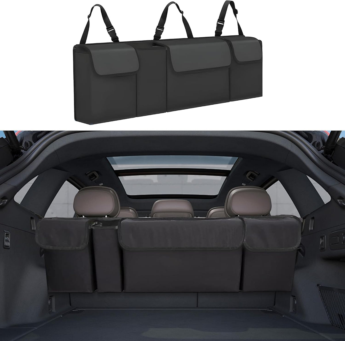 Car Trunk Organizer, Backseat Hanging Large Storage with Adjustable Straps,Waterproof PVC Collapsible Cargo Bag, Car Interior Accessories for Auto SUV MPV (Black)