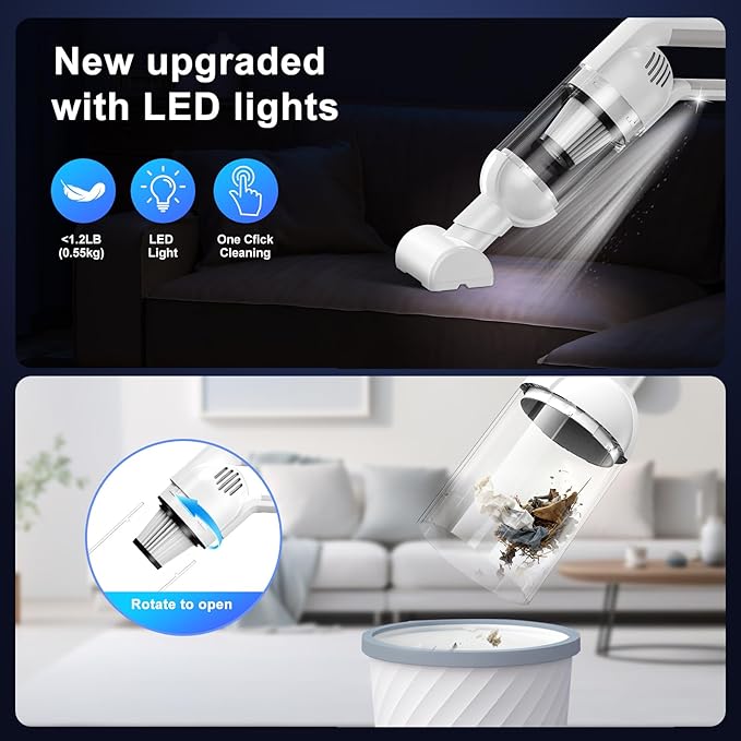 2-in-1 Cordless Handheld Vacuum Cleaner,10000PA Powerful Suction Portable Lightweight Hand Held Vacuum with LED Light,Multiple Accessories,USB Rechargeable,for Car, Office & Home Cleaning