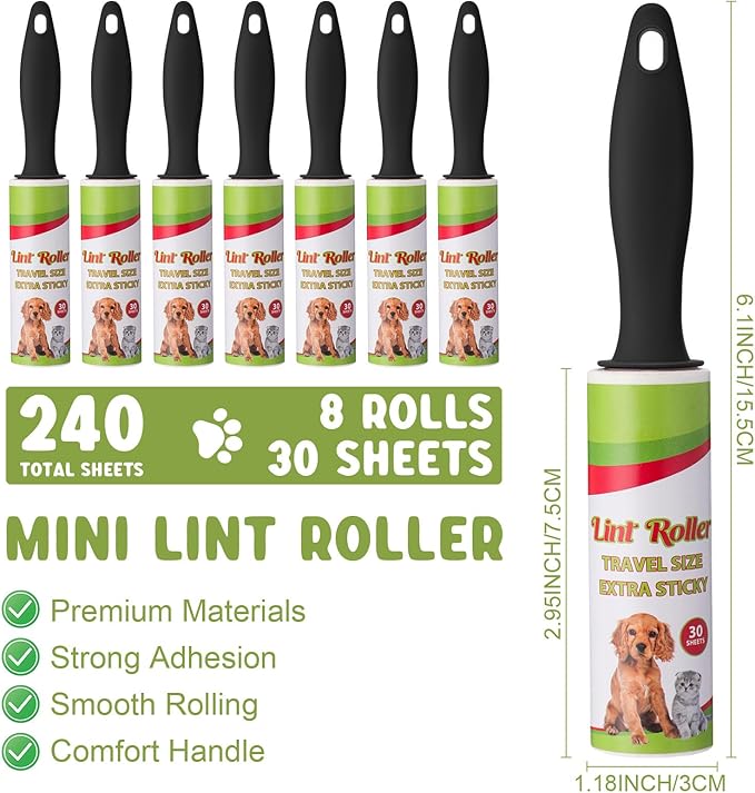 Hushee 8 Pcs Mini Lint Roller for Travel Small Lint Removers Bulk for Pet Hair and Clothes Small Size Removers Portable Sticky Removing Tool for Cleaning Furniture Dog Car Seat