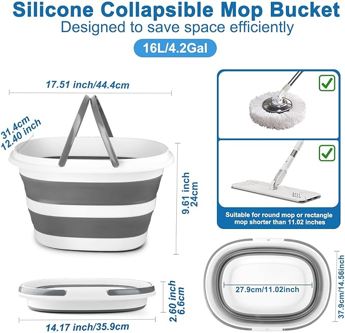 Collapsible Mop Bucket with Handle for Cleaning, 16L(4.2 Gallon) Silicone Square Mopping Bucket for Windows Cleaning or Car Washing, Cleaning Supplies Organizer Plastic Bucket for Storage