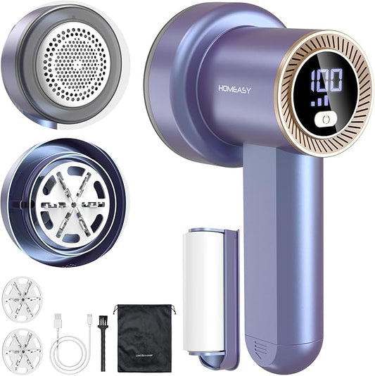 Fabric Shaver Fuzz Remover Rechargeable, HOMEASY Electric Lint Remover Shaver with 3 Blades & LED Digital Display, Sweater Couch Fabric Pill Shaver for Sweater, Couch, Furniture (Purple)