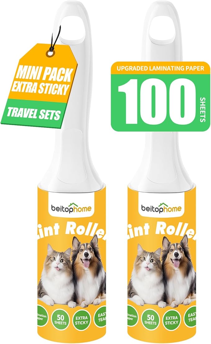Mini Lint Roller for Pet Hair 2 Pack, Portable Sticky Lint Remover with 100 Sheets, Travel Size Lint Roller for Clothes, Car, Couch & On-the-Go Cleaning