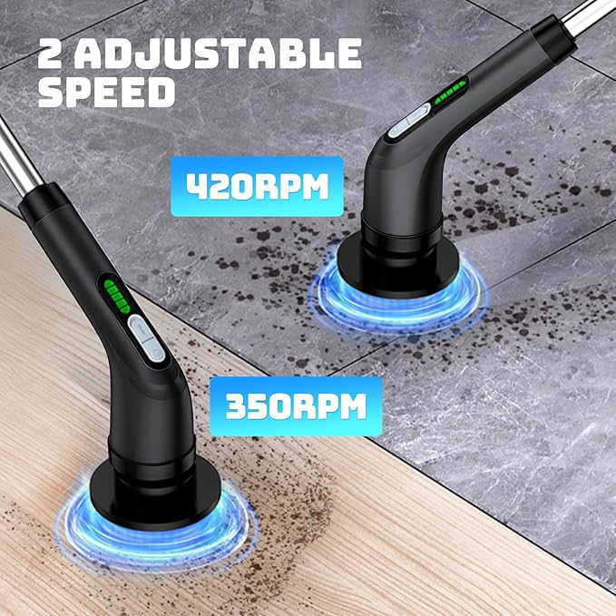 Highyes Electric Spin Scrubber, Powerful 2-Speed Cleaning Brush, IPX7 Waterproof with 7 Reusable Brush Heads & Extendable Handle, for Bathroom Toilet Shower Kitchen Wall Tile Floor Grout (Black)