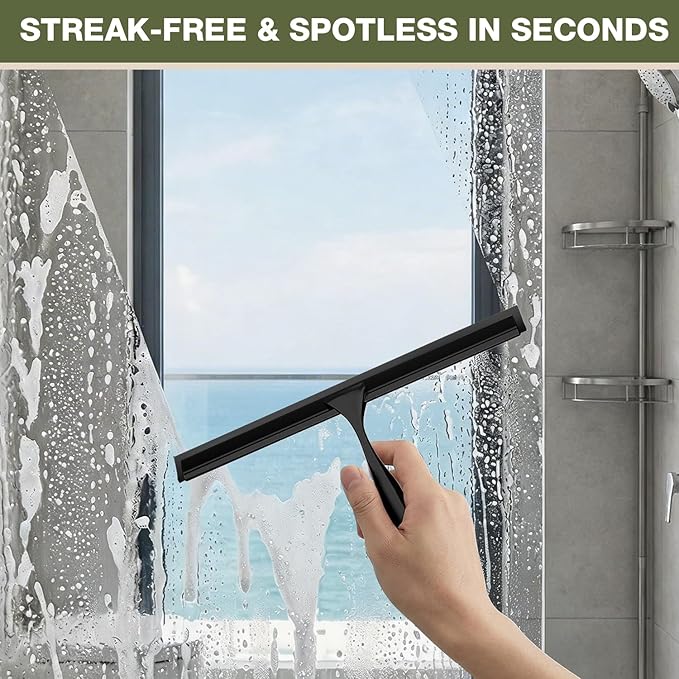 FARMER Shower Squeegee for Glass Doors, 10-Inch Glass Squeegee for Windows, Car Glass and Mirrors, Multi-Purpose Stainless Steel Squeegee with Suction Wall Hook and Over Door Hook, Black