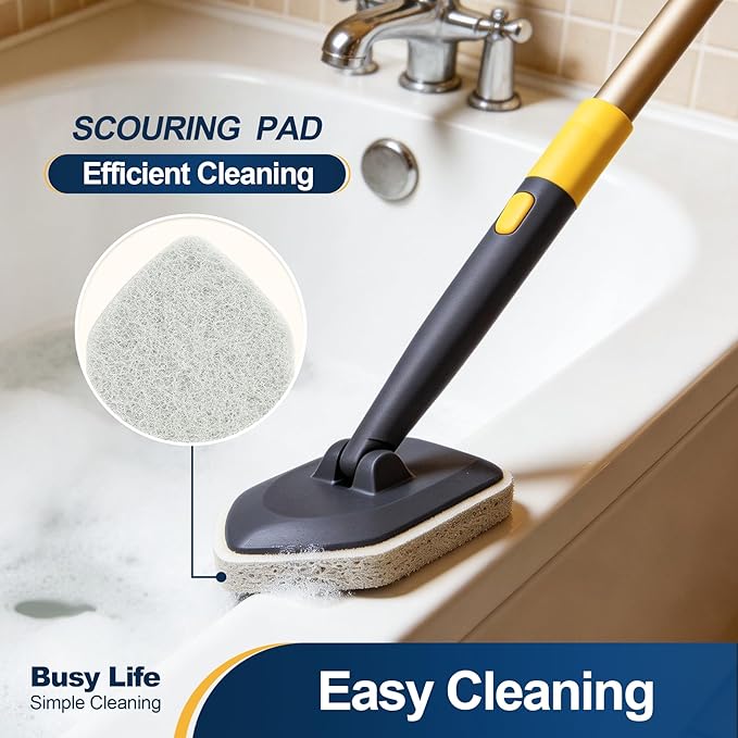 Yocada Tub Tile Scrubber Brush 2 in 1 Cleaning Brush Telescopic Pole Stiff Edge Bristles 4*Scouring Pads for Bathroom Shower Floor Corner Cleaning Non Scratch 58.2"