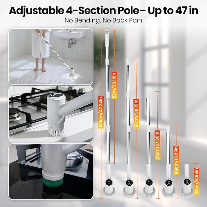 Electric Spin Scrubber, 4500mAh Cordless Cleaning Brush, 6 Brush Heads, Touch Control, 47" Adjustable Handle Relieves Back Pain, IPX7 Waterproof Power Scrubber for Bathroom Shower Floor Tile Bathtub.