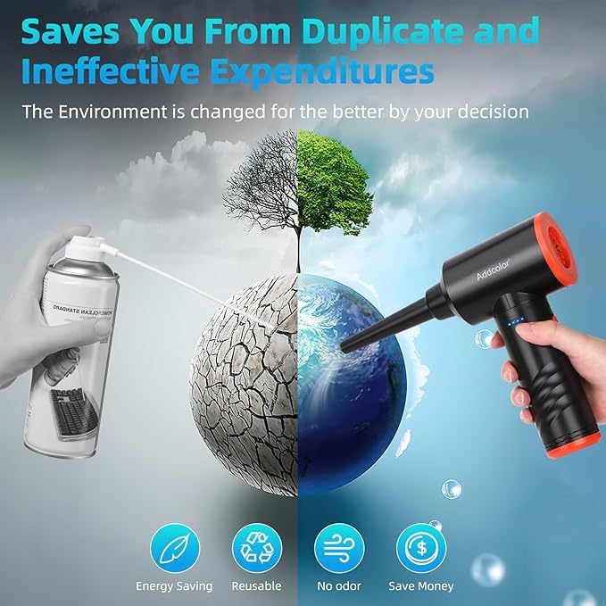Compressed Air Duster 6000mAh Battery - Electric Air Duster Addcolor AD38 Keyboard Cleaner 3 Adjustable Wind Speeds with LED, Reusable Canned Air for Dust Removing Installations for Cleaning Purposes
