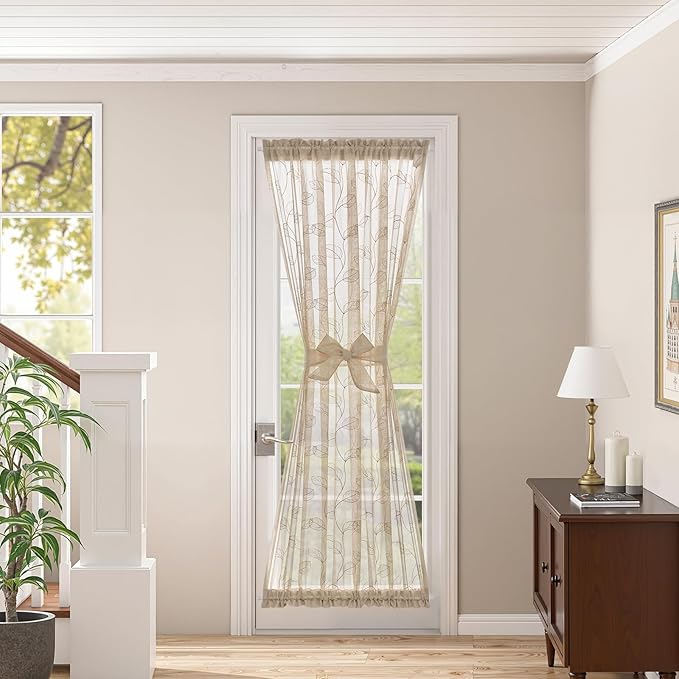 jinchan French Door Curtain Privacy Rustic Leaf Embroidered Semi Sheer Voile Front Curtain for Window Doorway Closet, Door Panel with Tieback Rod Pocket 1 Panel 55W x 72L Inch Beige