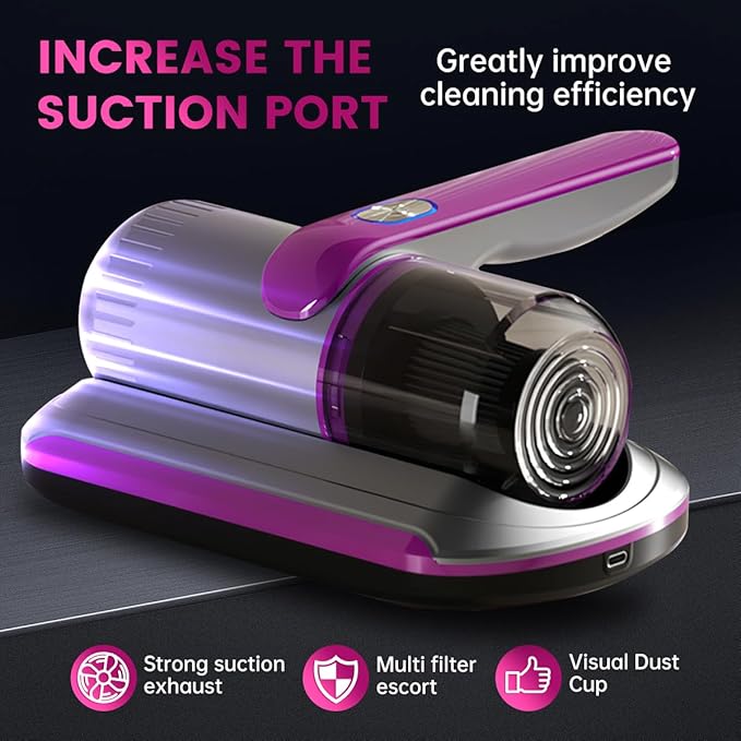 PATO Mattress Vacuum Cleaner, Wireless Handheld Bed Vacuum Cleaner with Cleaning Light, HEPA Filter and Ultrasonic Vibration, 12KPa, Suitable for Beds, Sofas, Car Seats, Carpets (Purple)