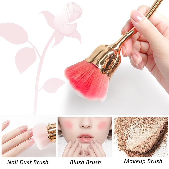 1pc Nail Dust Brush for Acrylic Nails, Red Rose-Shape Soft Brush Nail Art Dust Powder Remover Blush Makeup Brushes Manicure Brush Clean Up Tools Nail Art Brush (Gold)